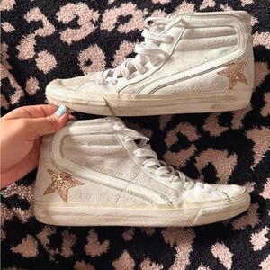 Golden Goose White High-Top Women’s Sneakers with Rose Gold Star Accent